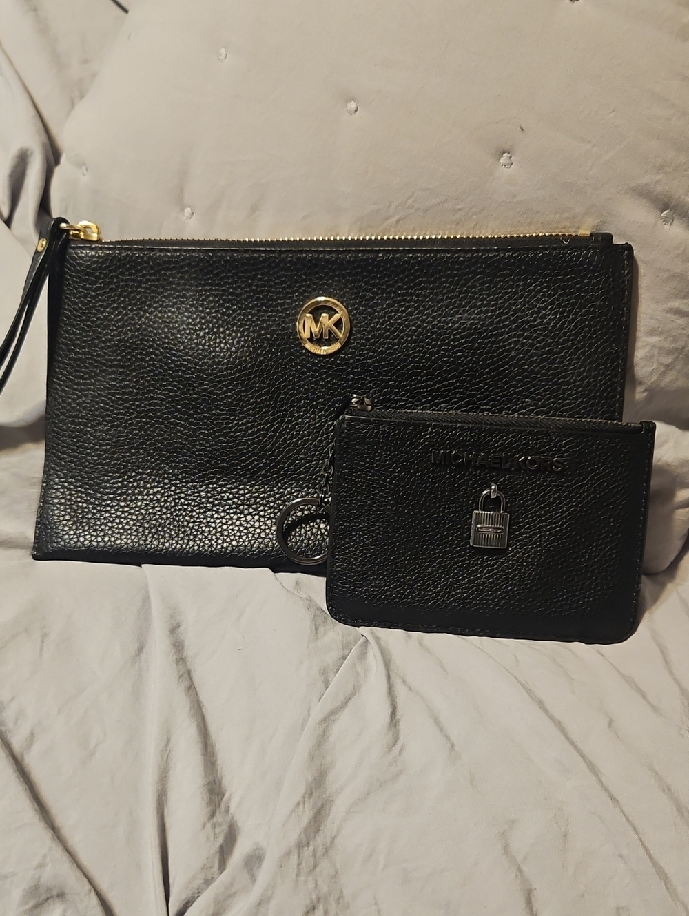 Michael Kors Black Pebbled Leather Wristlet & Card Pouch with Gold Accents